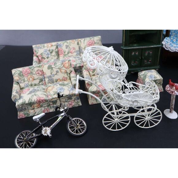 Vintage Miniature Dollhouse Furniture Bike Buggies Birdbath Books Etc. - Picture 4 of 8